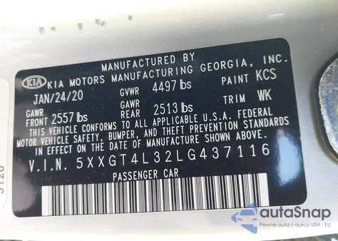 2020 Kia Optima Lx z USA, uszkodzony, nr VIN 5XXGT4L32LG437116